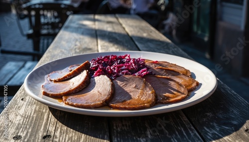 Delicious Sliced Roast Beef with Cranberry Relish on a Rustic Wooden Table.