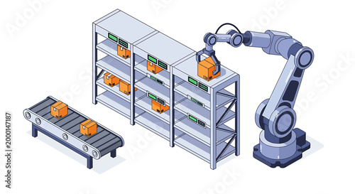 Robotic arm sorting packages on shelves in automated warehouse.