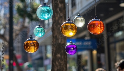 Colorful Glass Orbs Hanging from Tree Branches Outdoors.