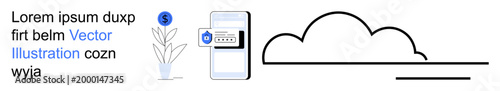 Mobile security, cloud storage, finance management, online transactions, data encryption, digital access. A smartphone with a security lock icon and cloud outline. Mobile security and data encryption