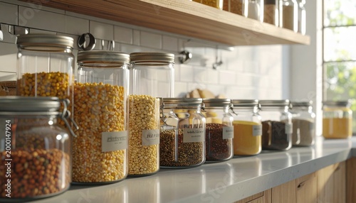 Organized Pantry - Glass Jars Filled with Dry Goods on Shelf.