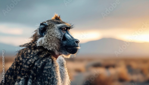 Close-up portrait of a baboon in the African savanna at sunset.