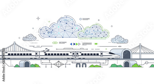 A detailed line drawing of a train traveling under a bridge with clouds and network connections floating above it.