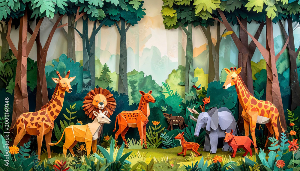 Obraz premium Forest scene with paper folded animals, including deer, lion, giraffe, fox, and elephant, creative origami style.