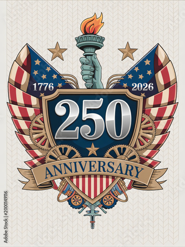 Elegant USA 250th anniversary crest with Statue of Liberty torch, spread wings, American flag shield, gold stars, and scroll ribbon banner commemorating 1776 to 2026 semiquincentennial independence fo