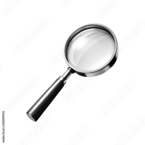 Monochrome halftone illustration of a magnifying glass isolated on white background, search and inspection concept, simple optical tool icon.