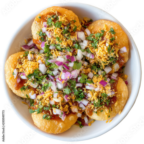  Top view of Mouth Watering Puri Chaat is an Indian snack food which is especially popular in the state of Maharashtra. [Transparent Background PNG].