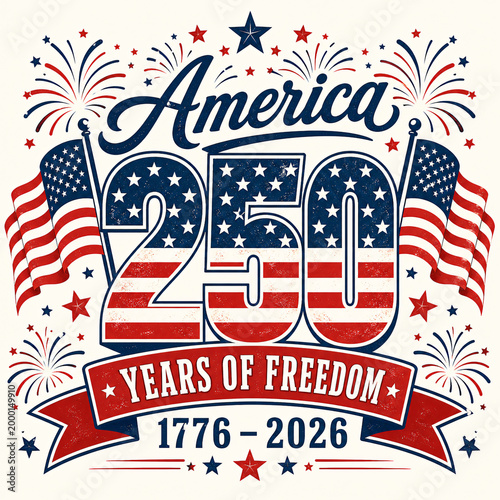 America 250 Years of Freedom festive design with fireworks, American flags, stars, and ribbon banner celebrating 1776 to 2026 semiquincentennial independence anniversary for patriotic Fourth of July 