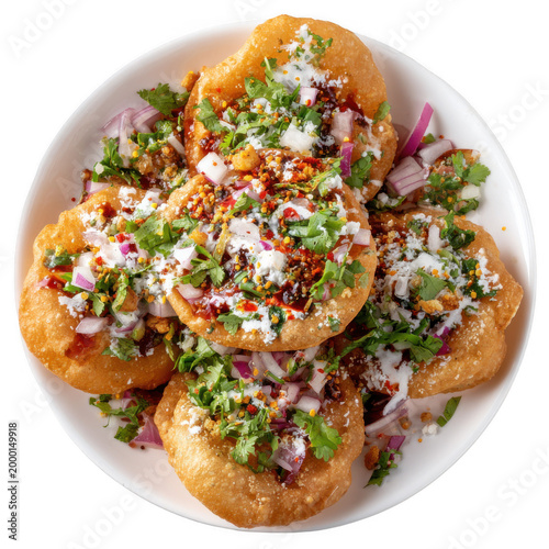  Top view of Mouth Watering Puri Chaat is an Indian snack food which is especially popular in the state of Maharashtra. [Transparent Background PNG].