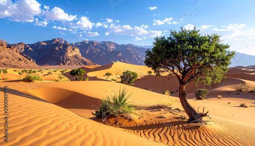 Hot desert landscape with scattered trees, rugged mountains, and a vast blue sky under intense sunlight.