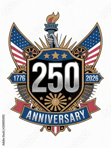 Bold USA 250th anniversary emblem with Statue of Liberty torch, eagle wings, American flags, starburst shield, and ribbon banner marking 1776 to 2026 semiquincentennial independence celebration and na