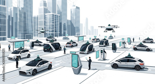 Futuristic Smart City with Autonomous Vehicles and Drones.