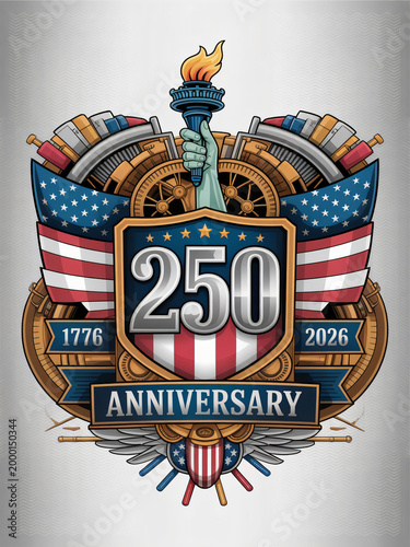 Ornate USA 250th anniversary badge featuring Statue of Liberty torch, American flags, gear wheel, and bold 1776 to 2026 semiquincentennial insignia for patriotic independence celebration and commemora