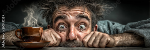 Humorous Close-Up of an Exhausted Man with Messy Hair, Forcing His Eyes Open While Staring at a Steaming Coffee Cup. Symbolizing Caffeine Dependency and the Daily Struggle to Wake Up. - Generative Ai