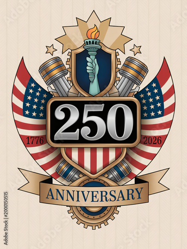 Vintage USA 250th anniversary crest with Statue of Liberty torch, American flag shield, and decorative pillars marking 1776 to 2026 semiquincentennial independence commemoration for patriotic celebrat