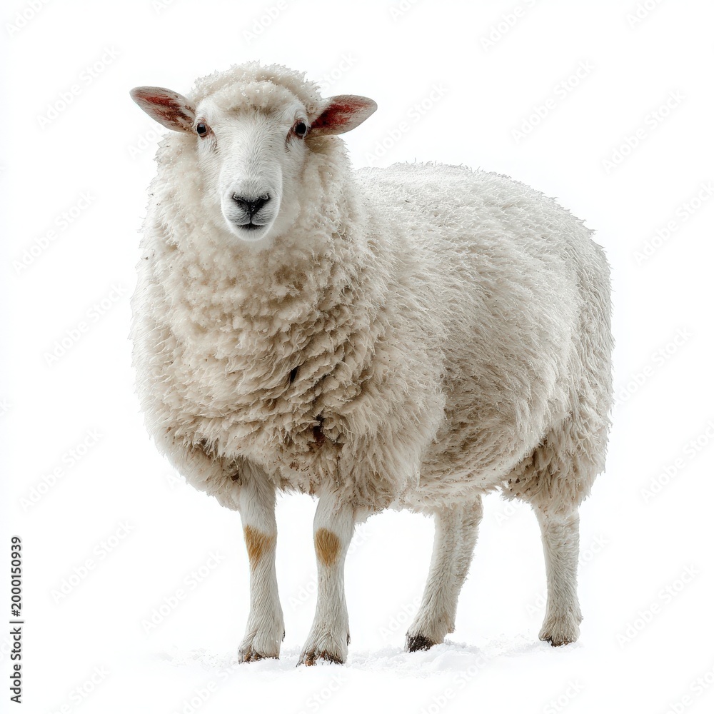 Fototapeta premium White wool sheep standing in cold winter pasture