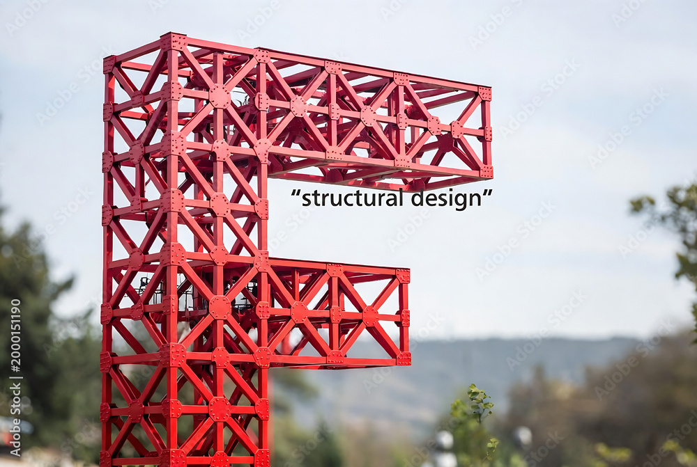 Fototapeta premium A red, geometric structure resembling a building support is displayed against a blurred outdoor landscape.