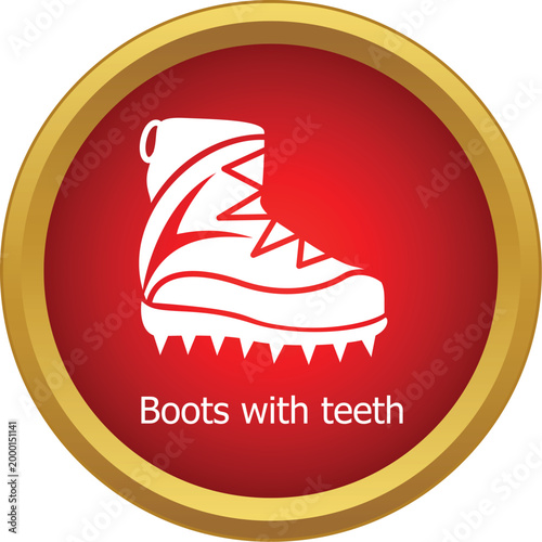 Mountaineering boot featuring sharp spikes on a red and gold icon