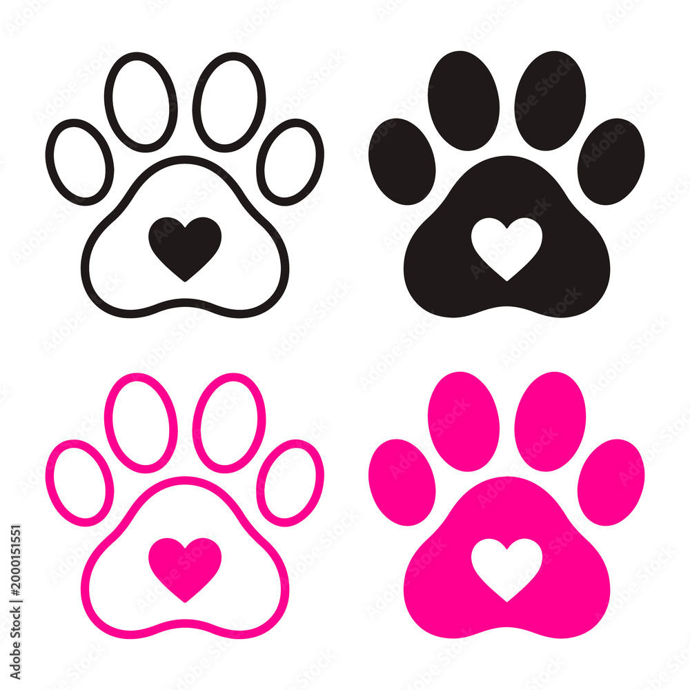 Fototapeta premium Dog paw outline icon with heart shape, pet love symbol, animal footprint design, minimal veterinary graphic