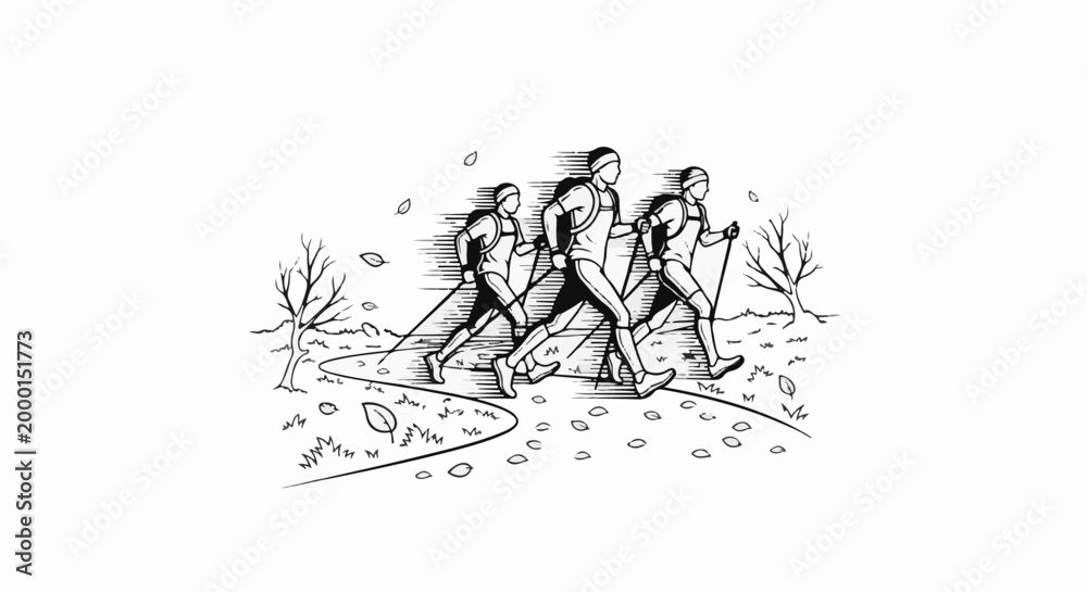 Fototapeta premium Three individuals engaged in Nordic walking through a path with fallen leaves
