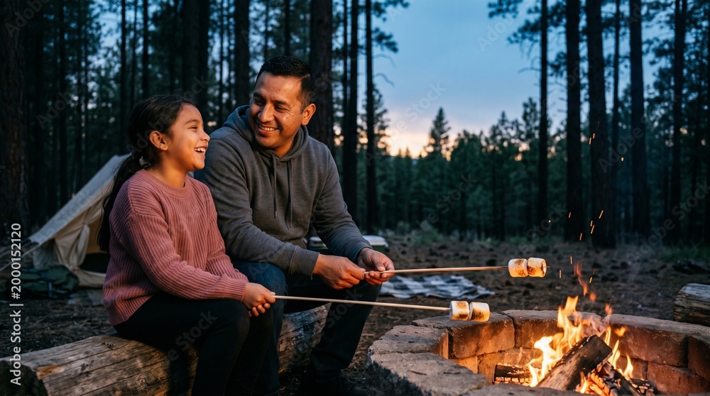 Fototapeta premium Happy Hispanic father and daughter roasting marshmallows by a campfire in a forest