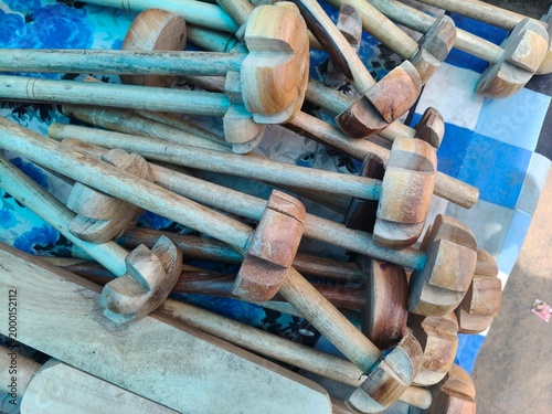 Принти на полотні Close up shot of handicrafts Wooden hand masher.