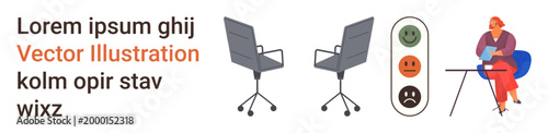 Employee feedback, workplace communication, human resources, office setup, assessment process, teamwork. Two chairs, feedback scale with happy faces professional seated person. Workplace