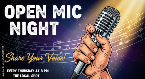 Hand holding microphone for open mic night event with musical notes and spotlight
