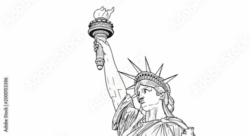 Stylized outline of a statue holding a torch aloft