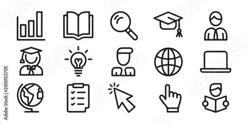 Education and learning icons including graduation cap, book, globe, and lightbulb