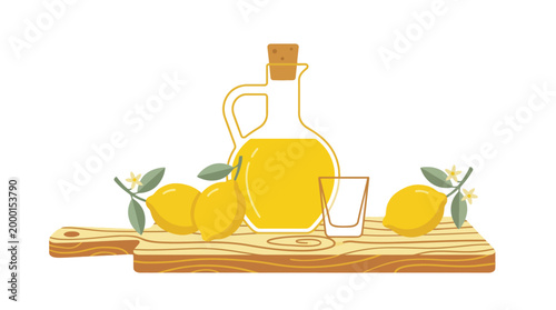 A still life illustration featuring a glass bottle of yellow liquid, a small shot glass, and lemons on a wooden cutting board.