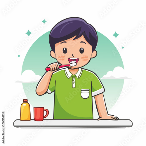 Boy Brushing Teeth with Toothbrush and Mouthwash