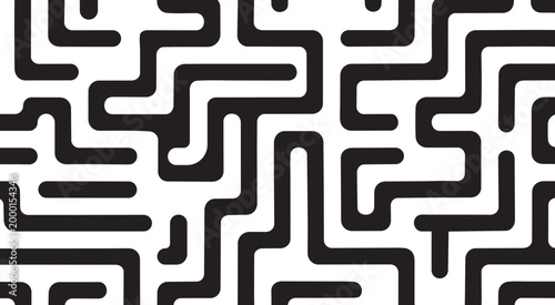 Seamless black and white maze pattern with intricate labyrinth lines abstract background