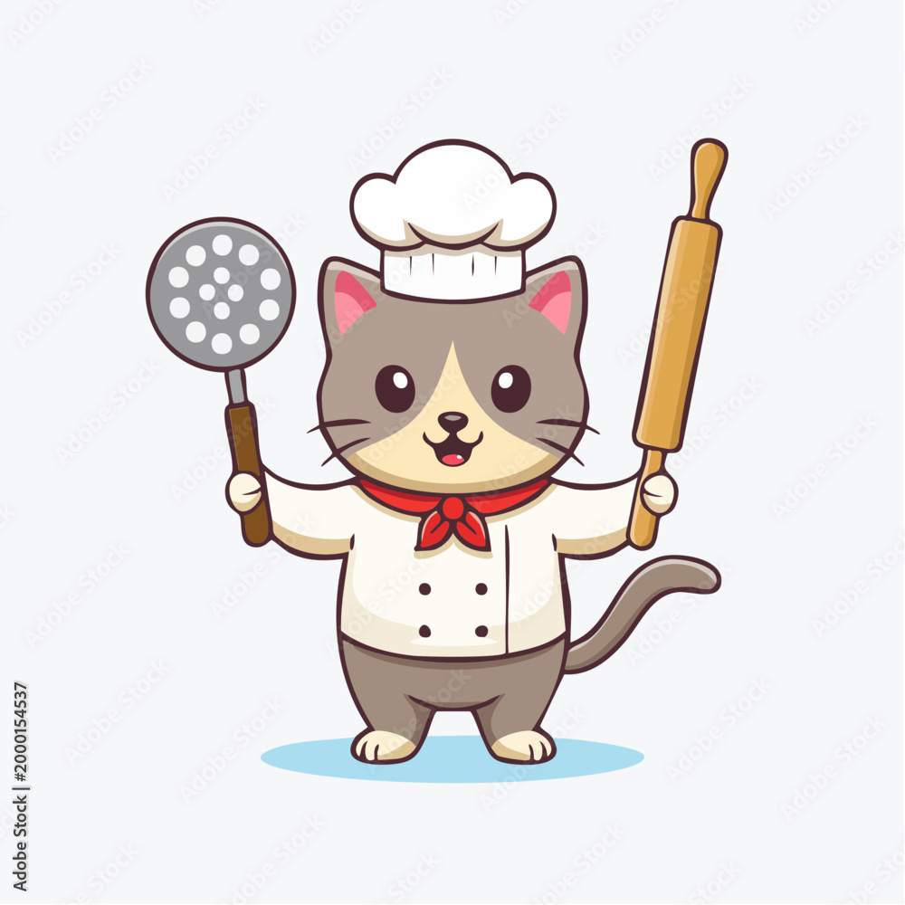 Fototapeta premium Cute Cat Chef Holding Kitchen Utensils