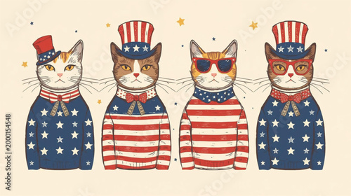  Cat Patriotic 4th of July united State America Vintage illustration 