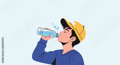 Illustrative depiction of a youthful individual embracing essential hydration by vigorously drinking fresh water from a bottle, symbolizing refreshment and healthy lifestyle choices