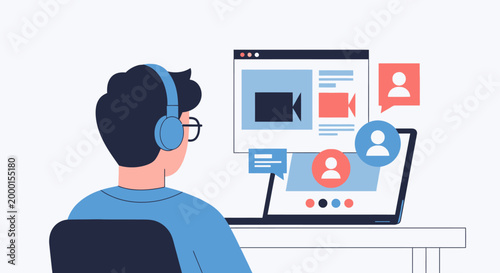 Person wearing headphones looking at a laptop screen displaying a video conference with multiple participants