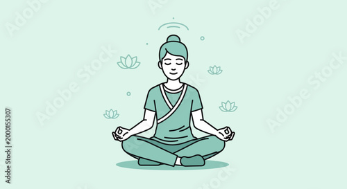Illustration of a woman meditating peacefully in a lotus position surrounded by lotus flowers, representing mindfulness and tranquility in yoga and wellness practices