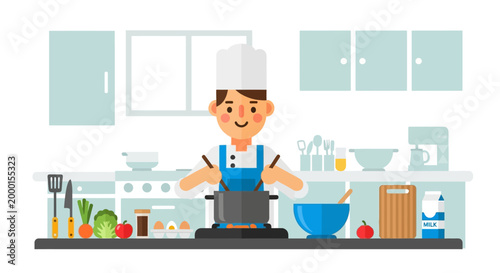 Happy male chef character diligently preparing a delicious meal in a clean, modern kitchen, showcasing culinary skills and healthy cooking preparation