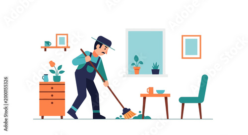 A dedicated cleaner with a mustache meticulously sweeps the floor of a tidy room, tidying up with a broom and looking diligent