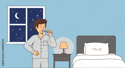 A man in pajamas brushing his teeth by the bedside table with a lamp, as stars are visible outside the window at night