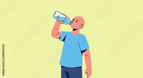 A bald man wearing a blue t-shirt drinking water from a clear bottle on a light yellow background