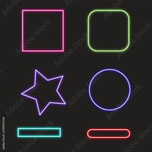 Set of neon glowing geometric shapes on a dark background
