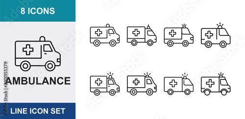 8 Ambulance linear icons, emergency vehicle, medical transport, hospital service, health care, UI and web interface design