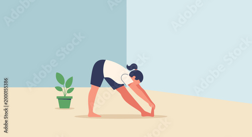 A person performing a forward fold yoga pose to stretch hamstrings and improve flexibility, promoting a healthy lifestyle