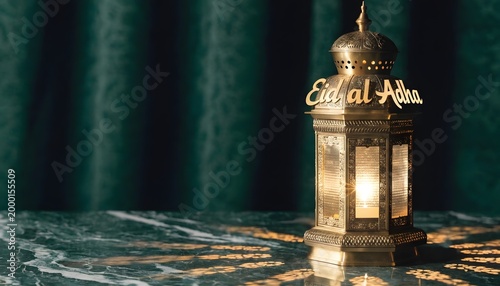 Eid al-Adha celebration with antique brass lantern glowing on marble table