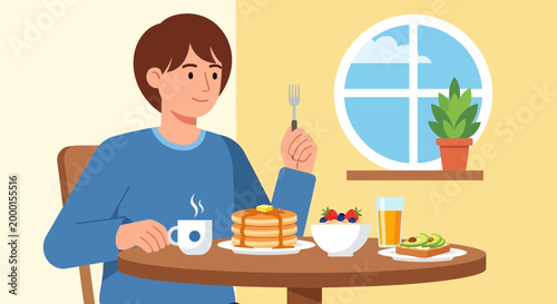 A person enjoying a delicious breakfast with pancakes, fruits, juice, and coffee at a table near a window