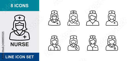 Nurse linear icons, medical staff, healthcare worker, hospital personnel, clinic employee, practitioner, UI web interface design