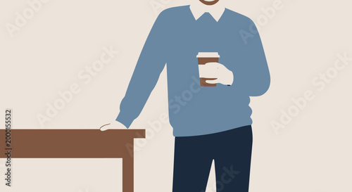 Vector artwork portraying a person enjoying a brief coffee pause, standing relaxed by a workspace with a hot beverage in a simple, clean graphic style