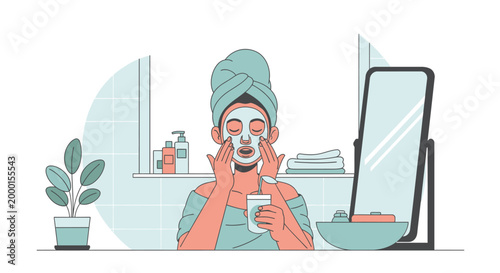 Serene young woman engaging in a mindful beauty routine, applying a nourishing facial mask for healthy skin and ultimate relaxation in her modern bathroom